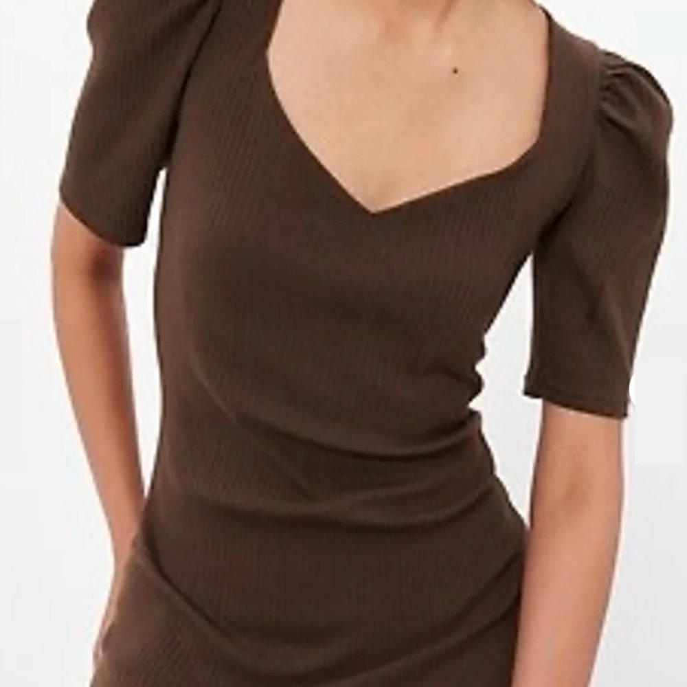 GAP Puff-Sleeve Sweetheart Midi Dress: Brown, Medium